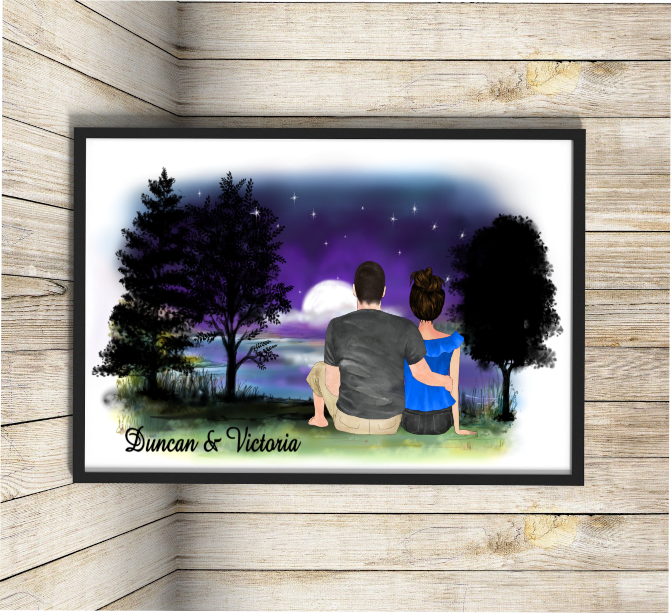 Romantic Lakeside Moonlight Couple Personalised A4 Print - Click Image to Close